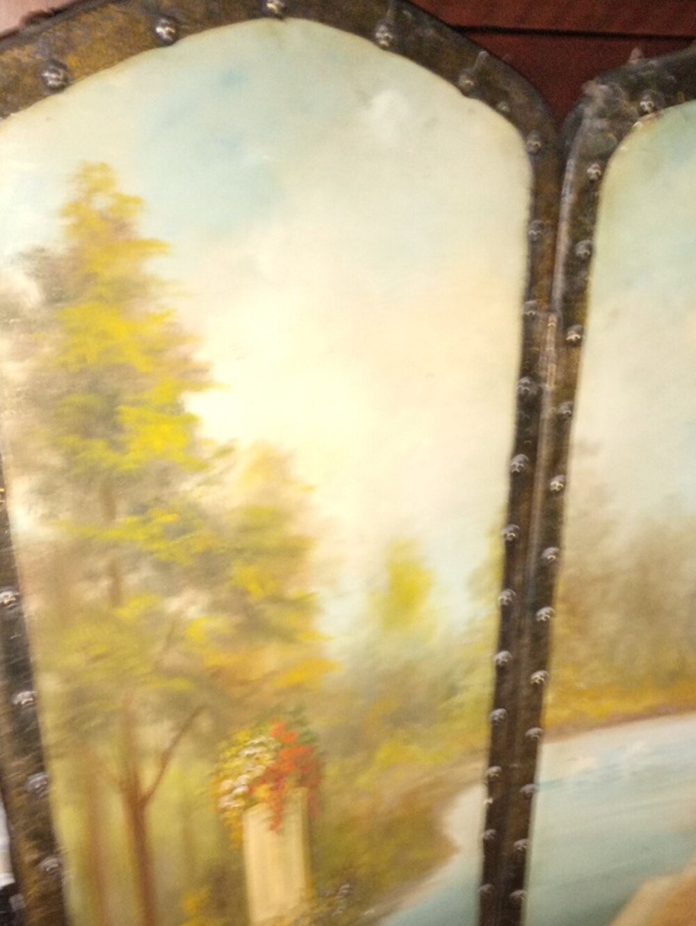 Rare Antique French Rococo Hand-Painted Leather Fireplace / Accent Screen - Picture 8 of 16